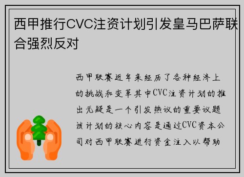 西甲推行CVC注资计划引发皇马巴萨联合强烈反对 西甲推行CVC注资计划引发皇马巴萨联合强烈反对